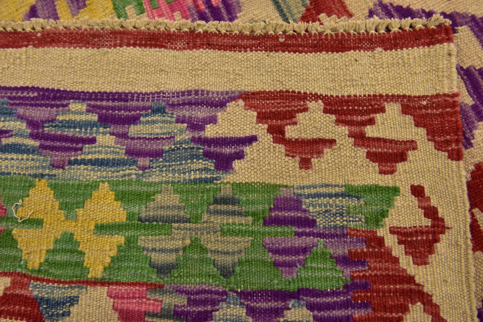 3' 4 x 6' 3 Hand Woven Kilim Maymana Wool Runner Rug