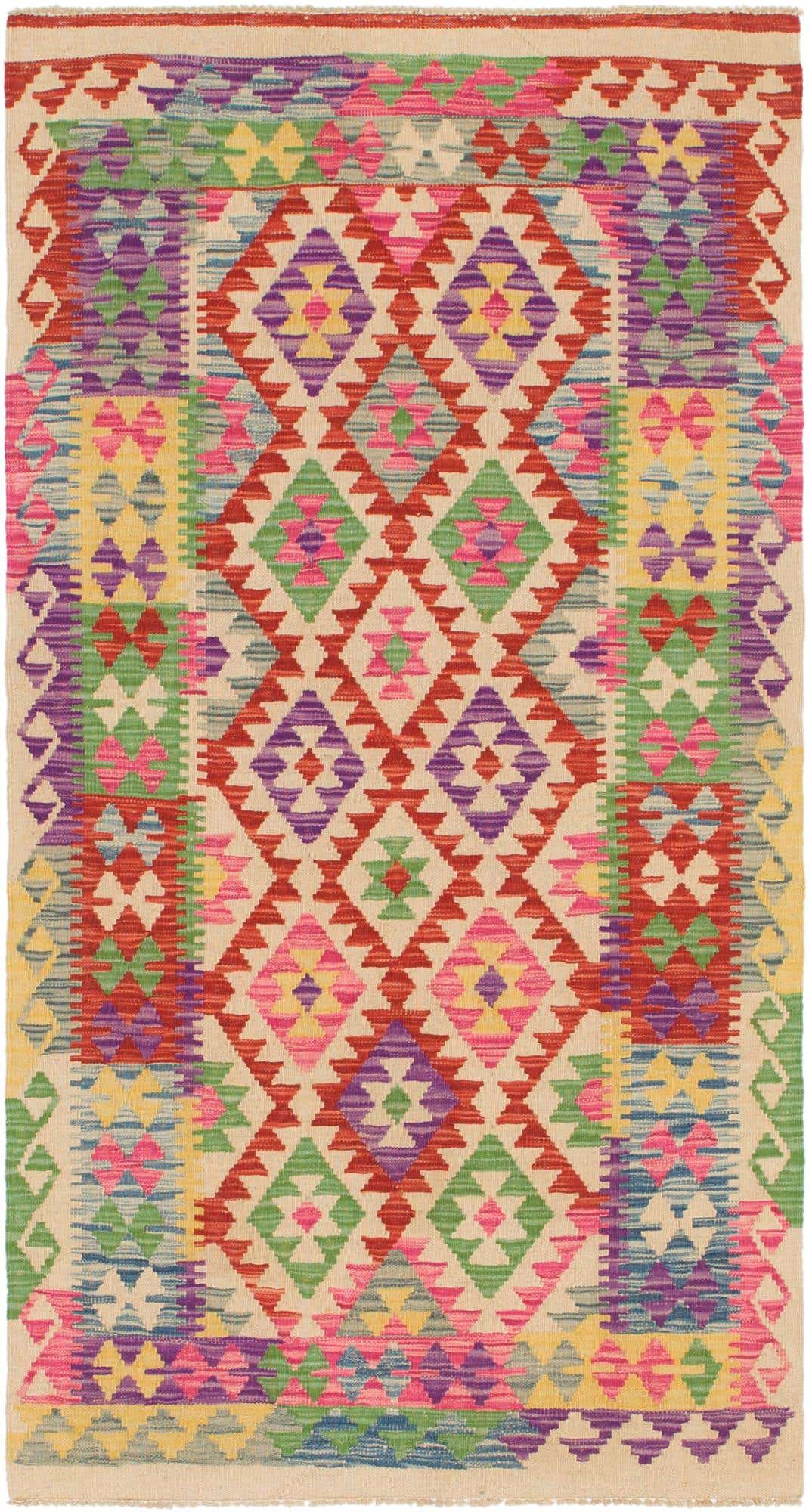 3' 4 x 6' 3 Hand Woven Kilim Maymana Wool Runner Rug