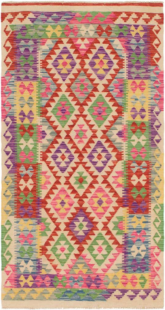 3' 4 x 6' 3 Hand Woven Kilim Maymana Wool Runner Rug