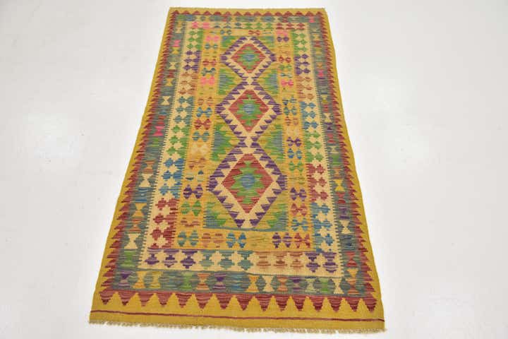 95cm x 195cm Handgewebt Kilim Maymana Wolle Läufer Teppich