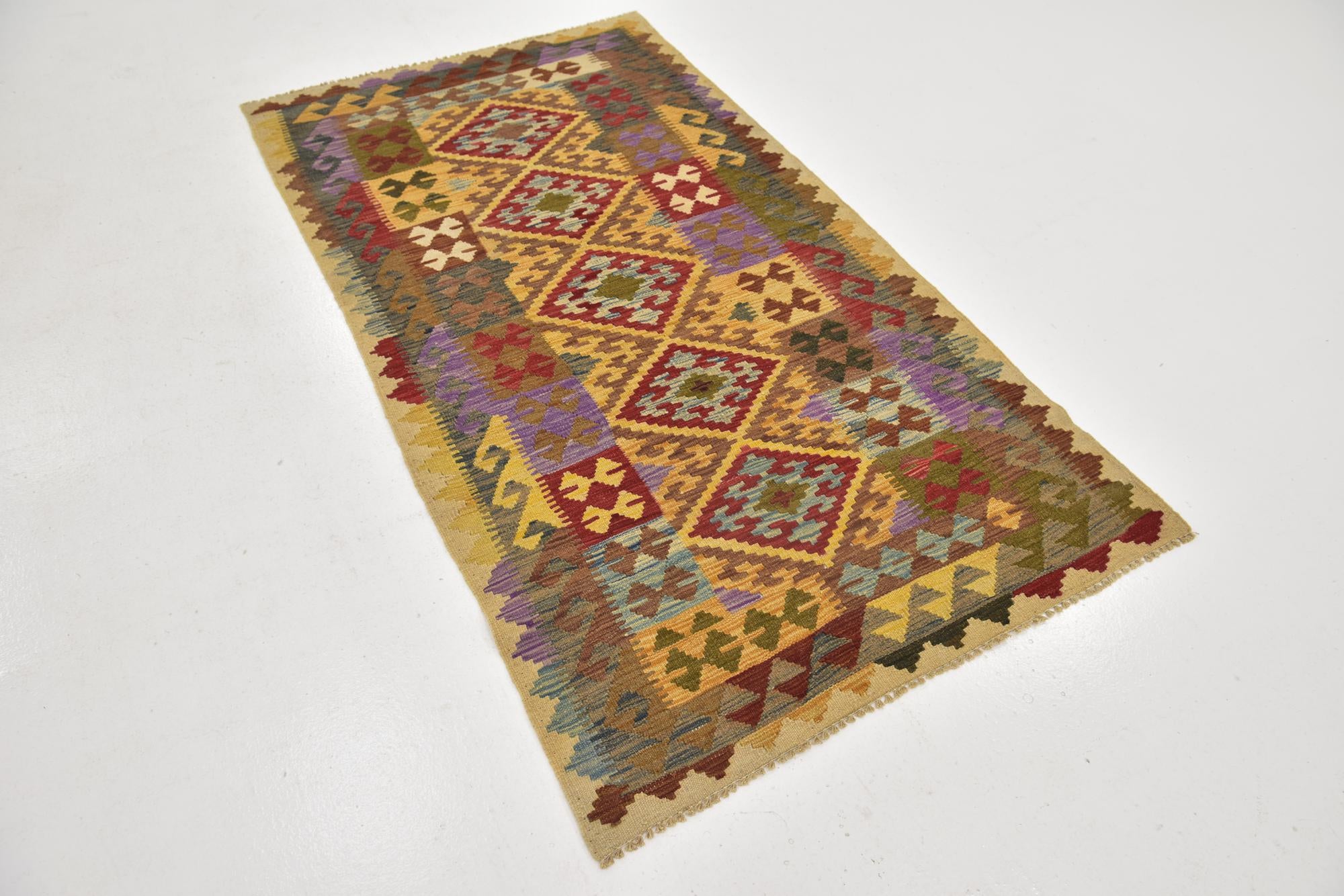 3' 4 x 6' 2 Hand Woven Kilim Maymana Wool Runner Rug