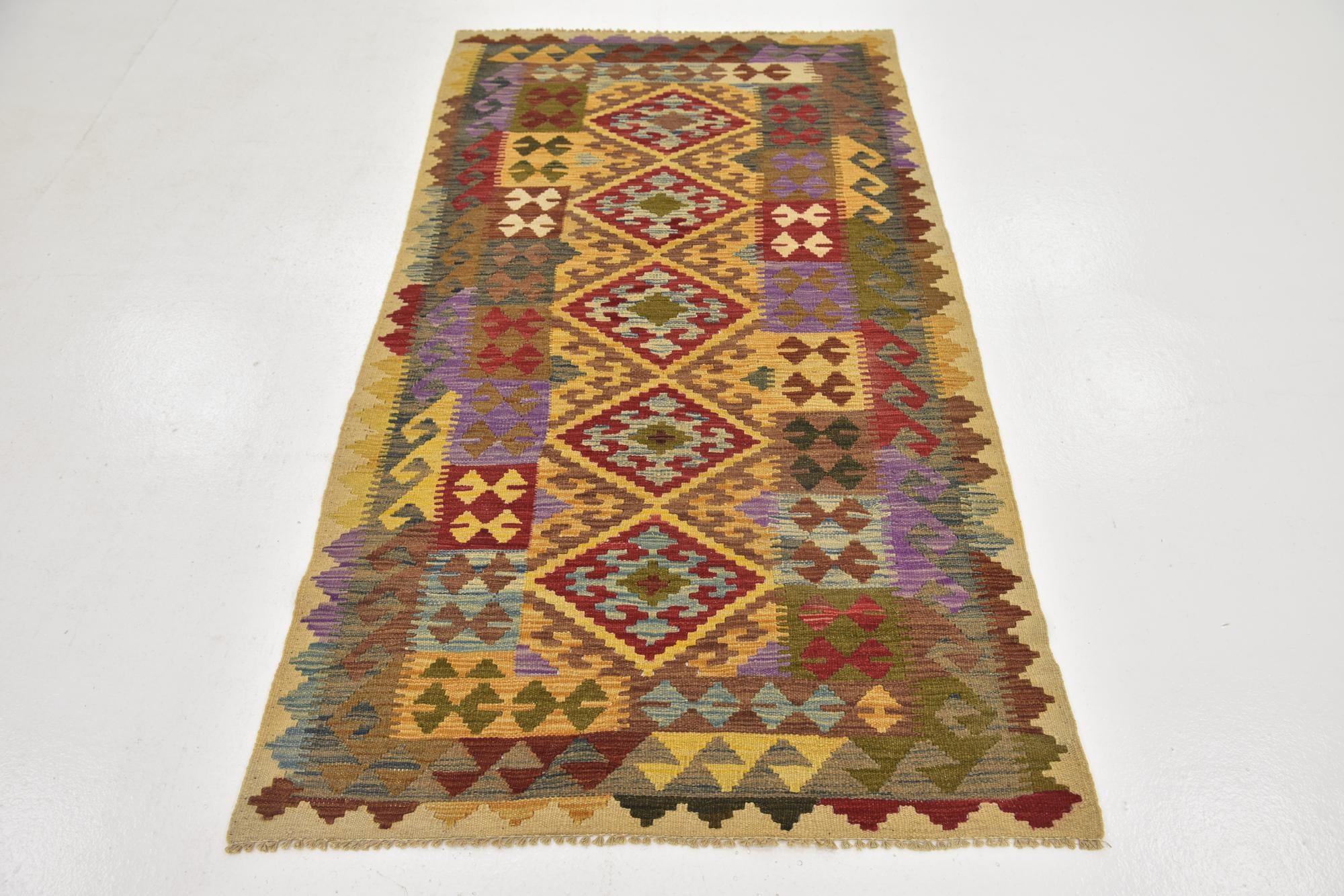 3' 4 x 6' 2 Hand Woven Kilim Maymana Wool Runner Rug