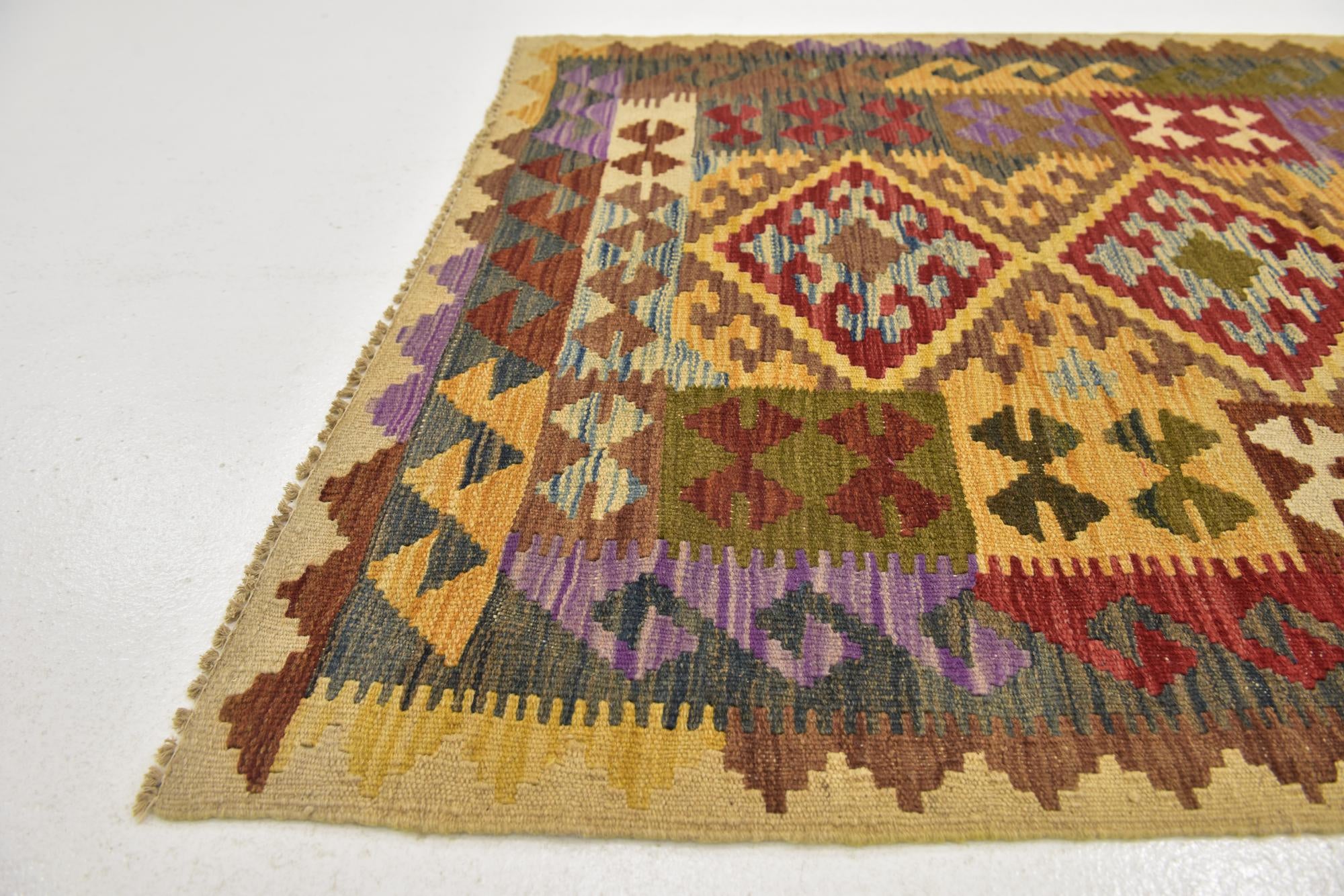 3' 4 x 6' 2 Hand Woven Kilim Maymana Wool Runner Rug