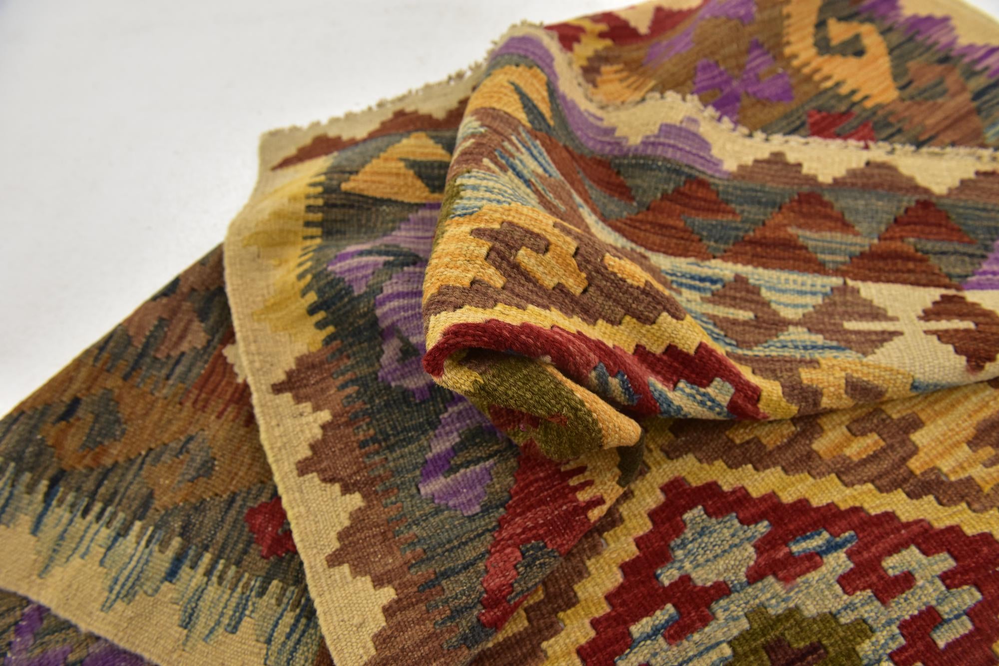 3' 4 x 6' 2 Hand Woven Kilim Maymana Wool Runner Rug