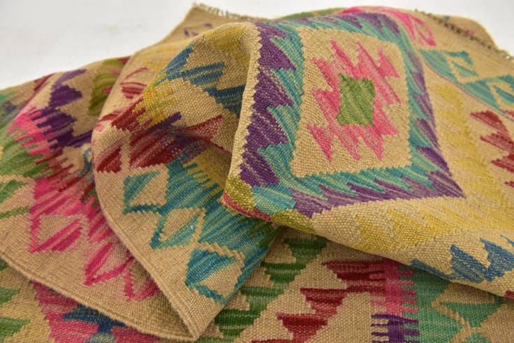 Detail image of 2' 3 x 6' 5 Hand Woven Kilim Maymana Wool Runner Rug