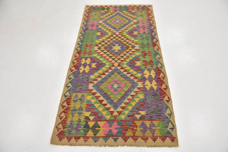 Detail image of 3' 3 x 6' 5 Hand Woven Kilim Maymana Wool Runner Rug