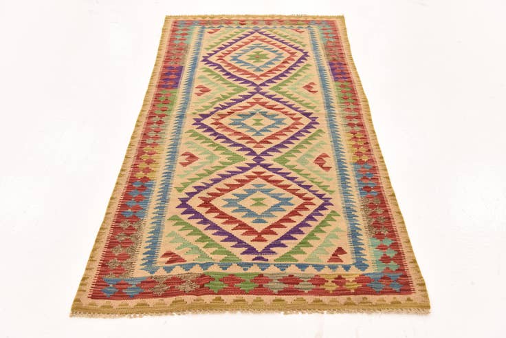 Detail image of 3' 5 x 6' 7 Hand Woven Kilim Maymana Wool Runner Rug
