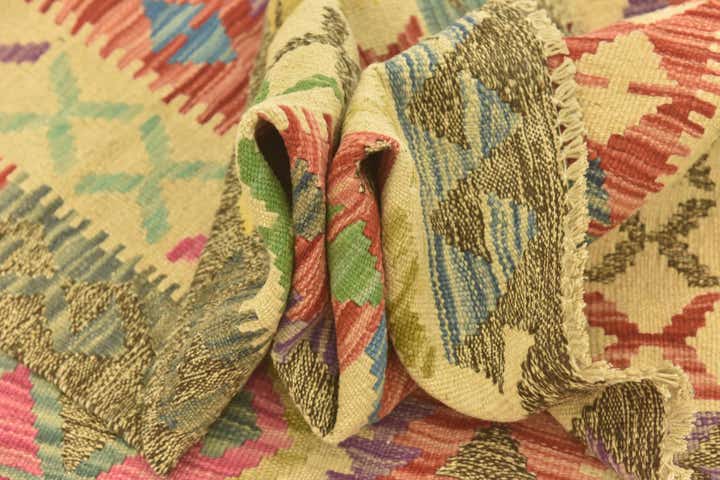 3' 4 x 6' 4 Hand Woven Kilim Maymana Wool Runner Rug