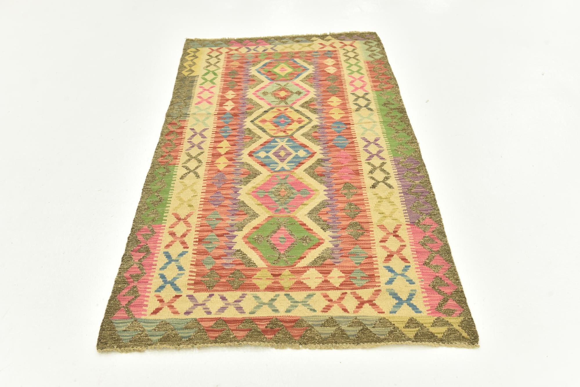 3' 4 x 6' 4 Hand Woven Kilim Maymana Wool Runner Rug