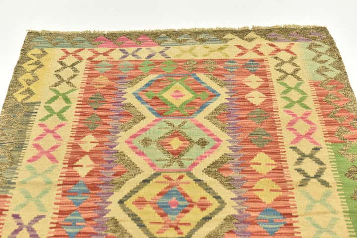 3' 4 x 6' 4 Hand Woven Kilim Maymana Wool Runner Rug