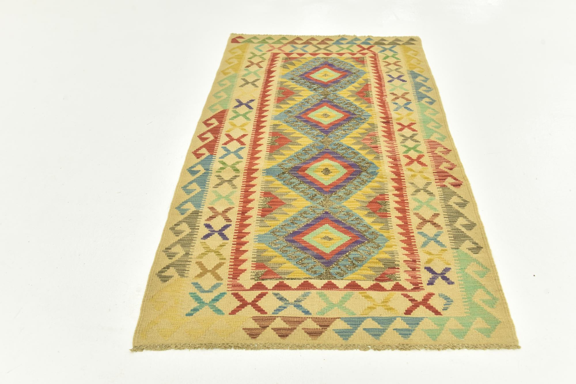 3' 4 x 6' 5 Hand Woven Kilim Maymana Wool Runner Rug