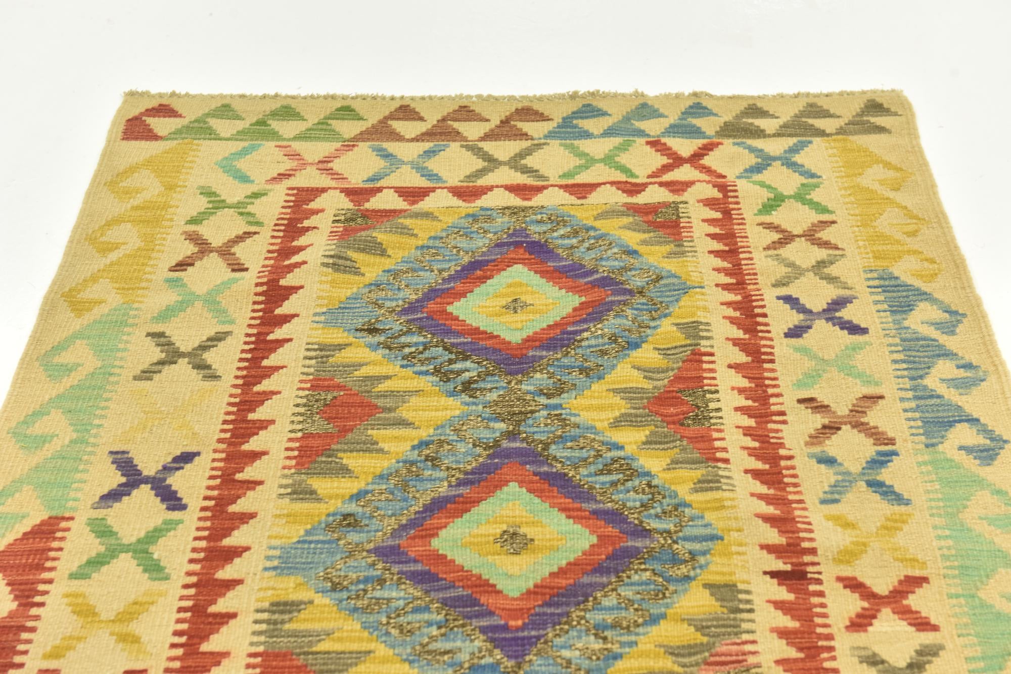 3' 4 x 6' 5 Hand Woven Kilim Maymana Wool Runner Rug
