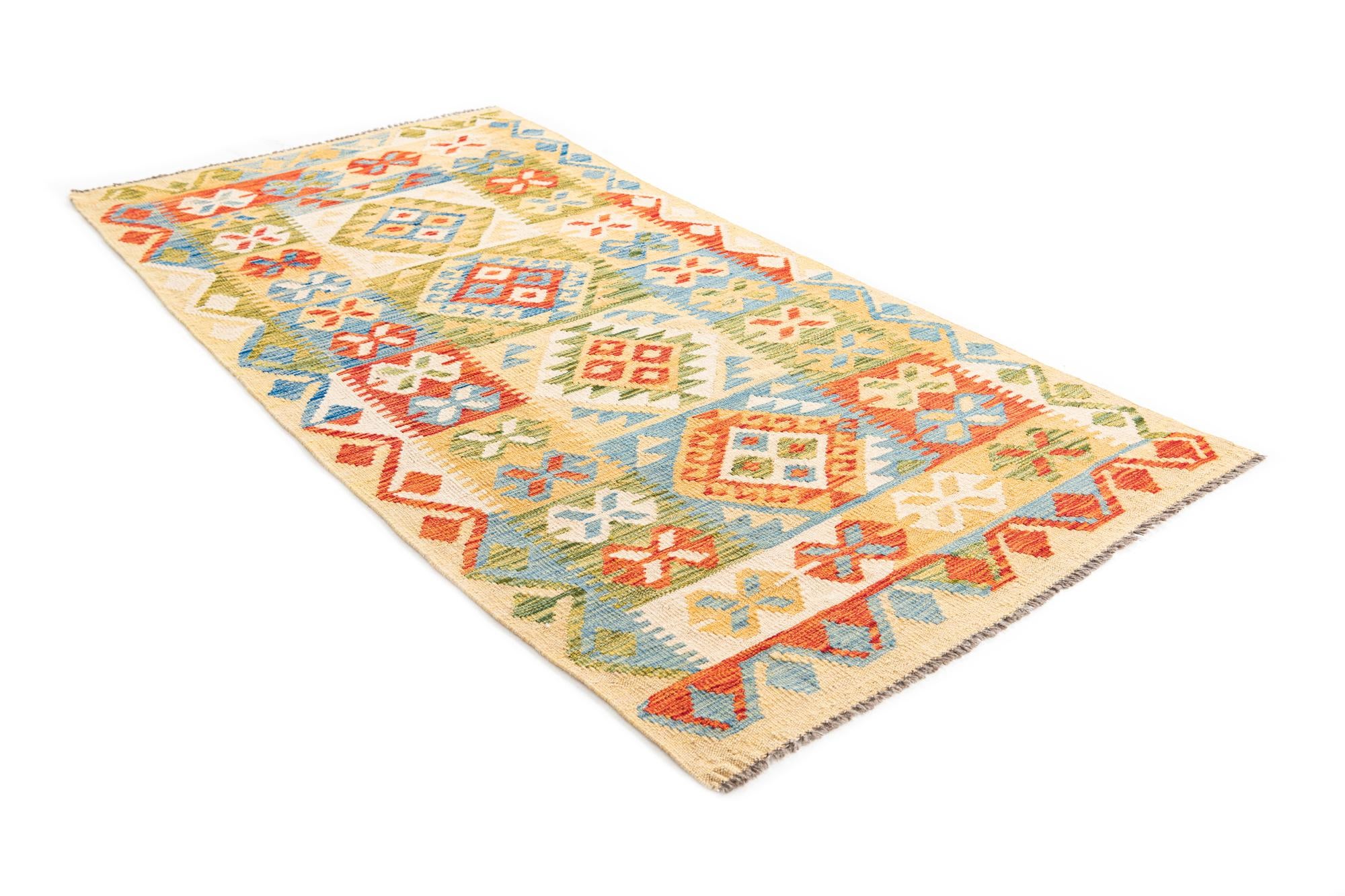 3' 4 x 6' 8 Hand Woven Kilim Maymana Wool Runner Rug