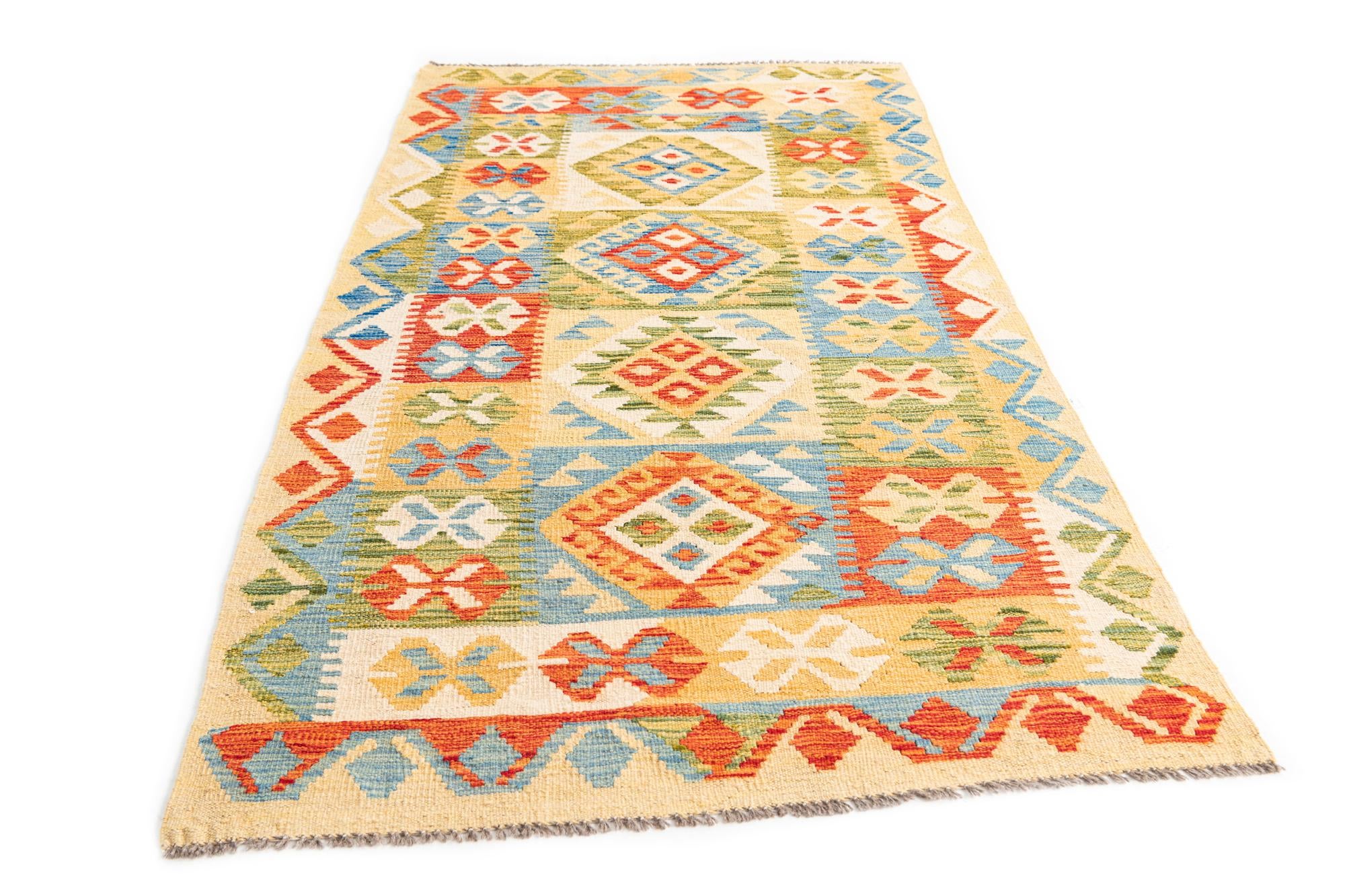 3' 4 x 6' 8 Hand Woven Kilim Maymana Wool Runner Rug