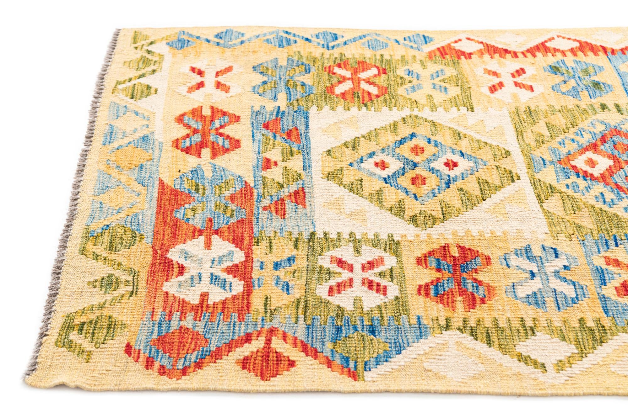 3' 4 x 6' 8 Hand Woven Kilim Maymana Wool Runner Rug