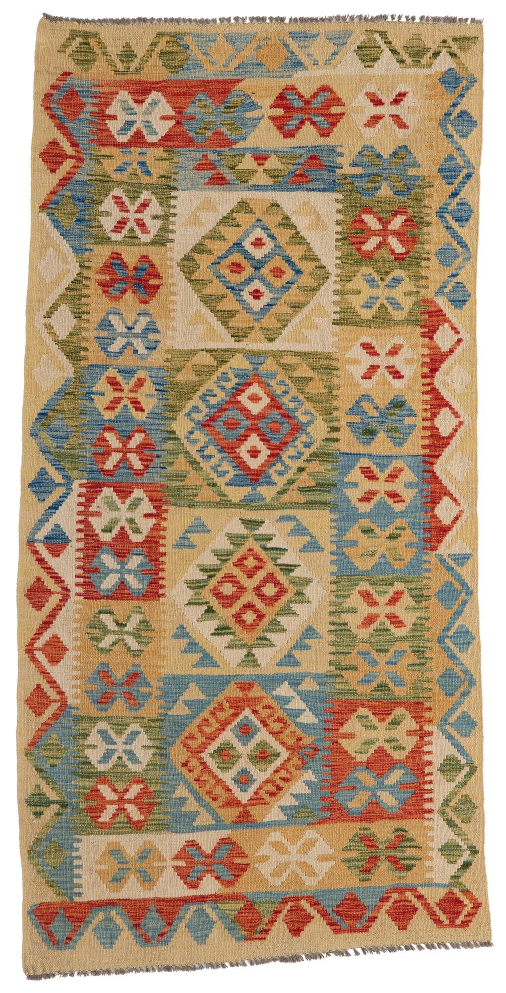 3' 4 x 6' 8 Hand Woven Kilim Maymana Wool Runner Rug