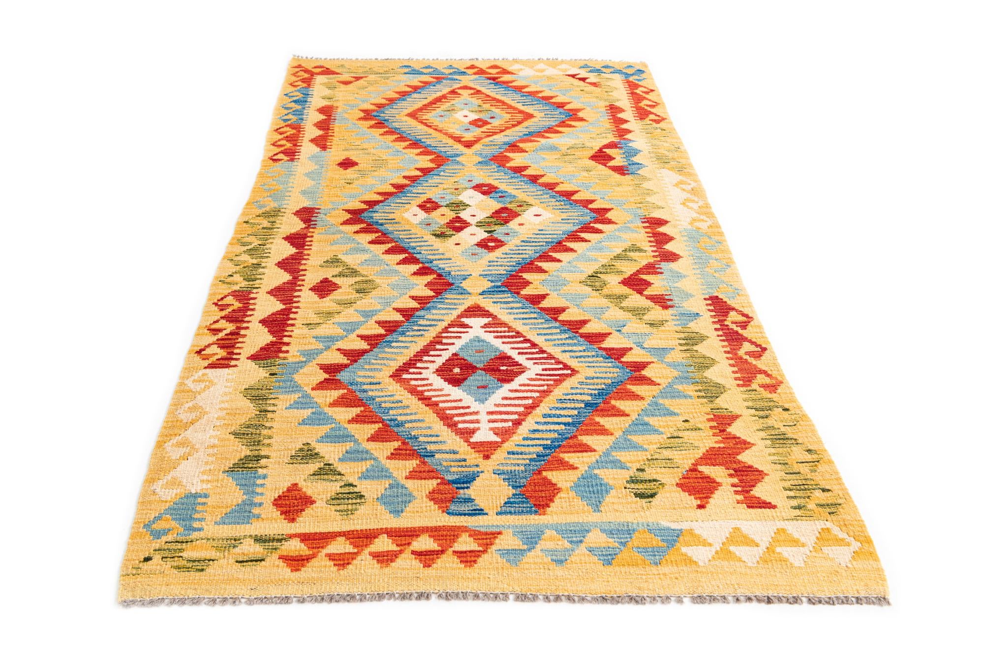 3' 5 x 6' 8 Hand Woven Kilim Maymana Wool Runner Rug