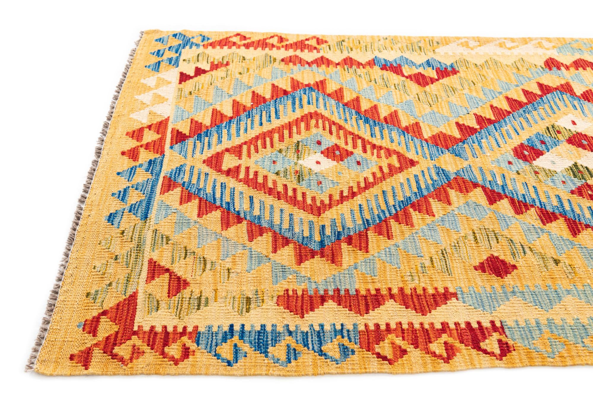 3' 5 x 6' 8 Hand Woven Kilim Maymana Wool Runner Rug