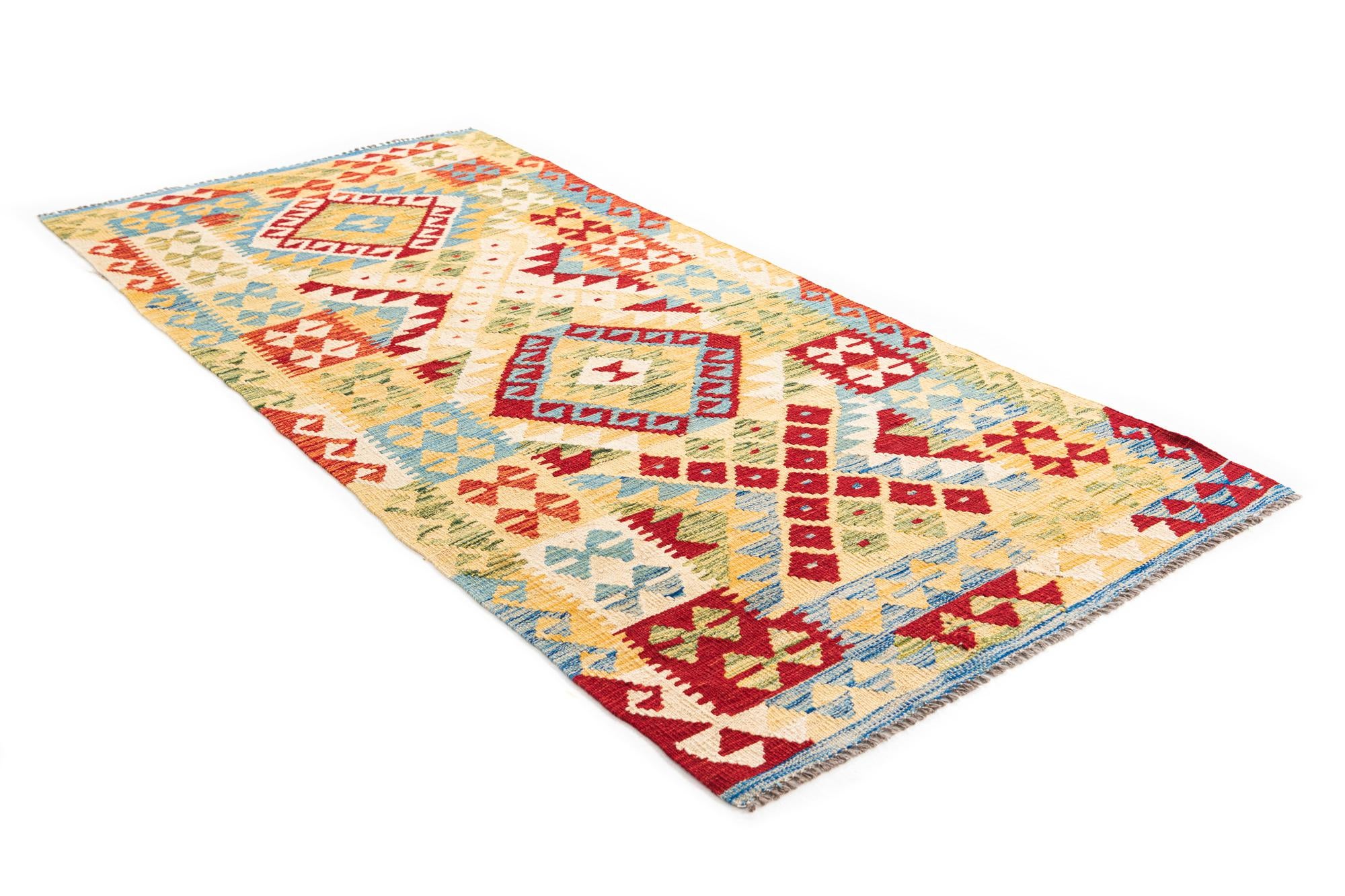 3' 4 x 6' 10 Hand Woven Kilim Maymana Wool Runner Rug