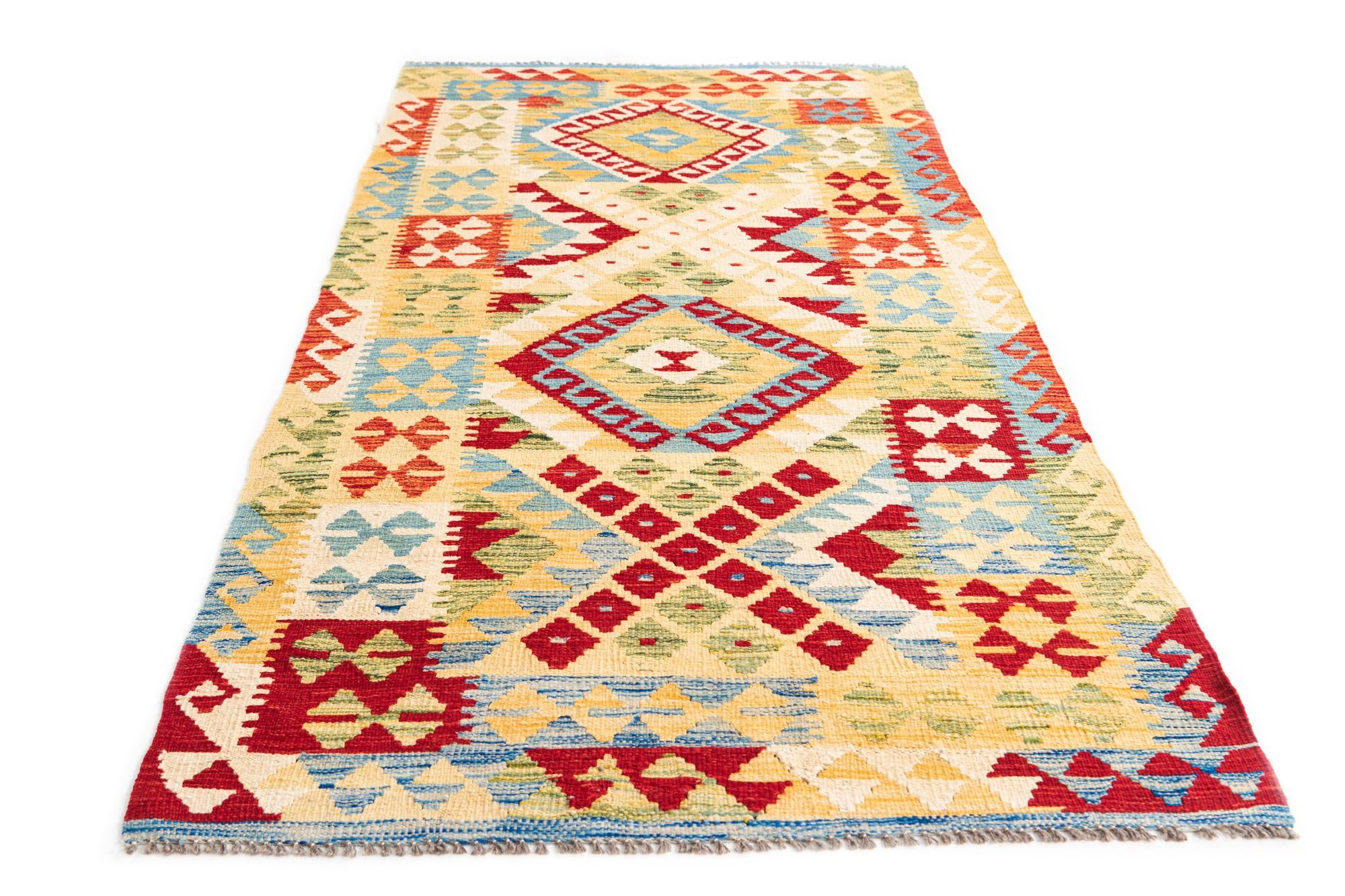 3' 4 x 6' 10 Hand Woven Kilim Maymana Wool Runner Rug