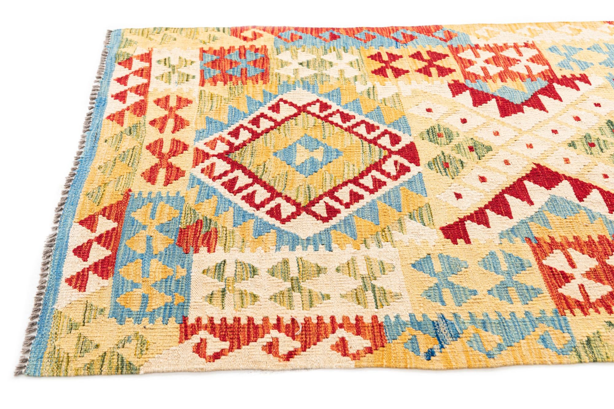 3' 4 x 6' 10 Hand Woven Kilim Maymana Wool Runner Rug