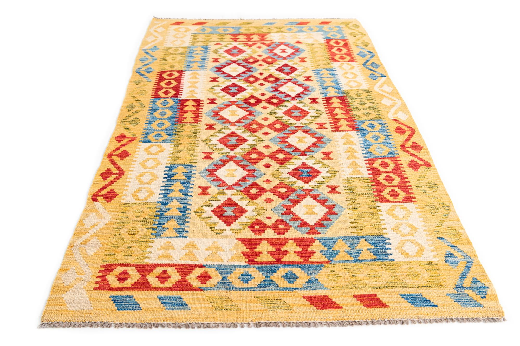 3' 5 x 6' 8 Hand Woven Kilim Maymana Wool Runner Rug