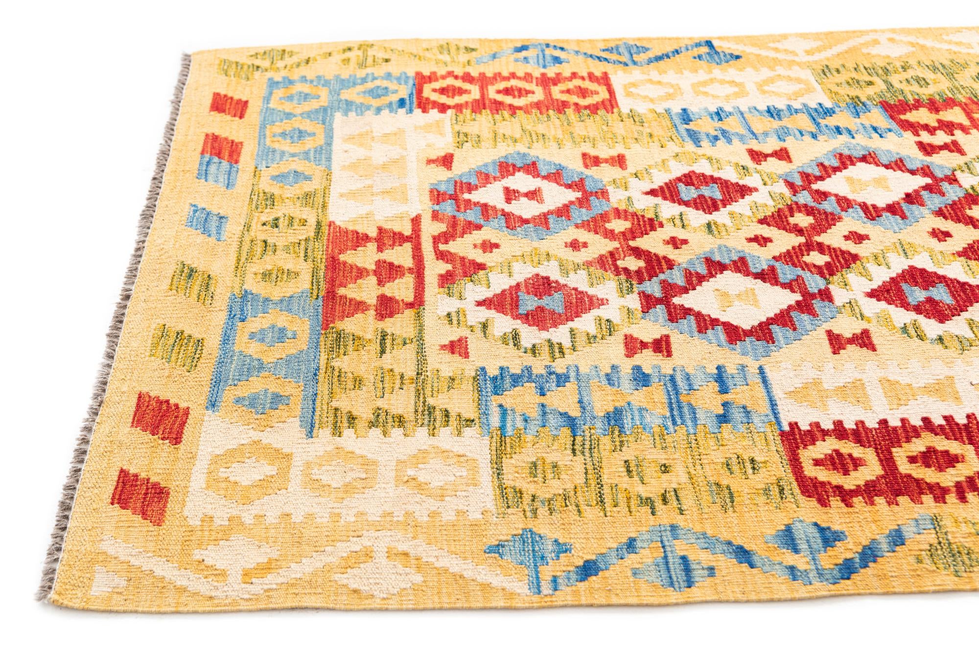 3' 5 x 6' 8 Hand Woven Kilim Maymana Wool Runner Rug