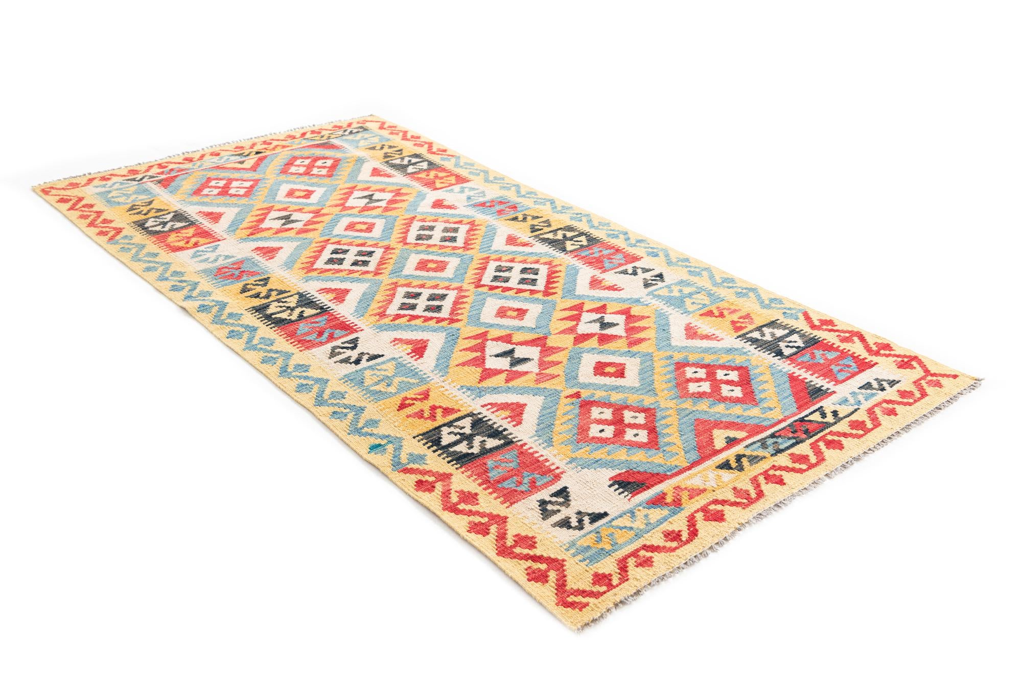 3' 5 x 6' 8 Hand Woven Kilim Maymana Wool Runner Rug