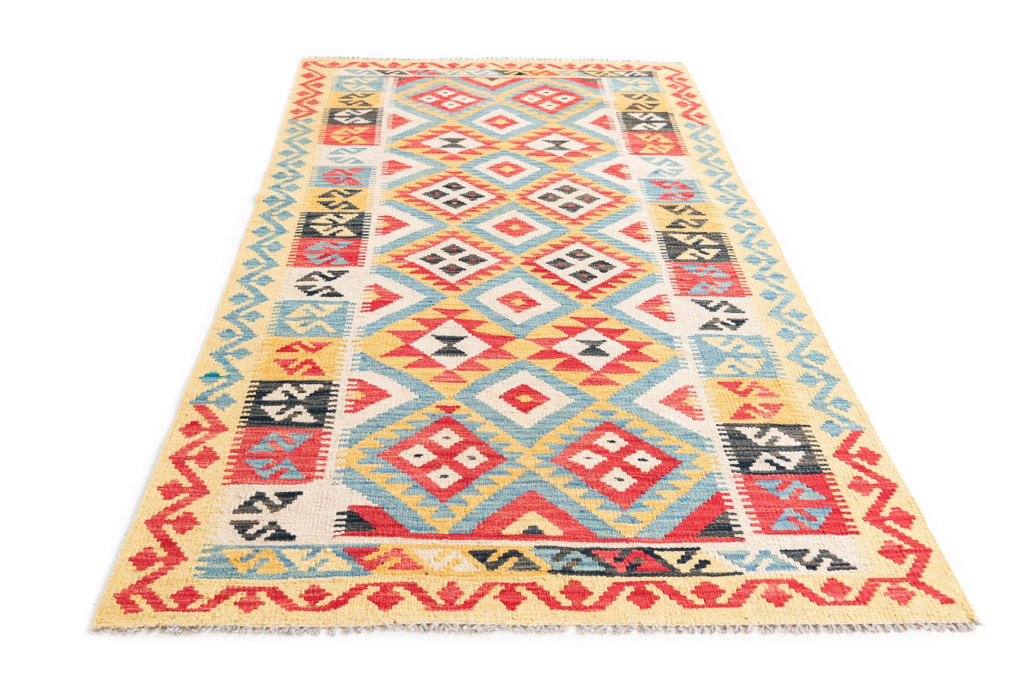 3' 5 x 6' 8 Hand Woven Kilim Maymana Wool Runner Rug