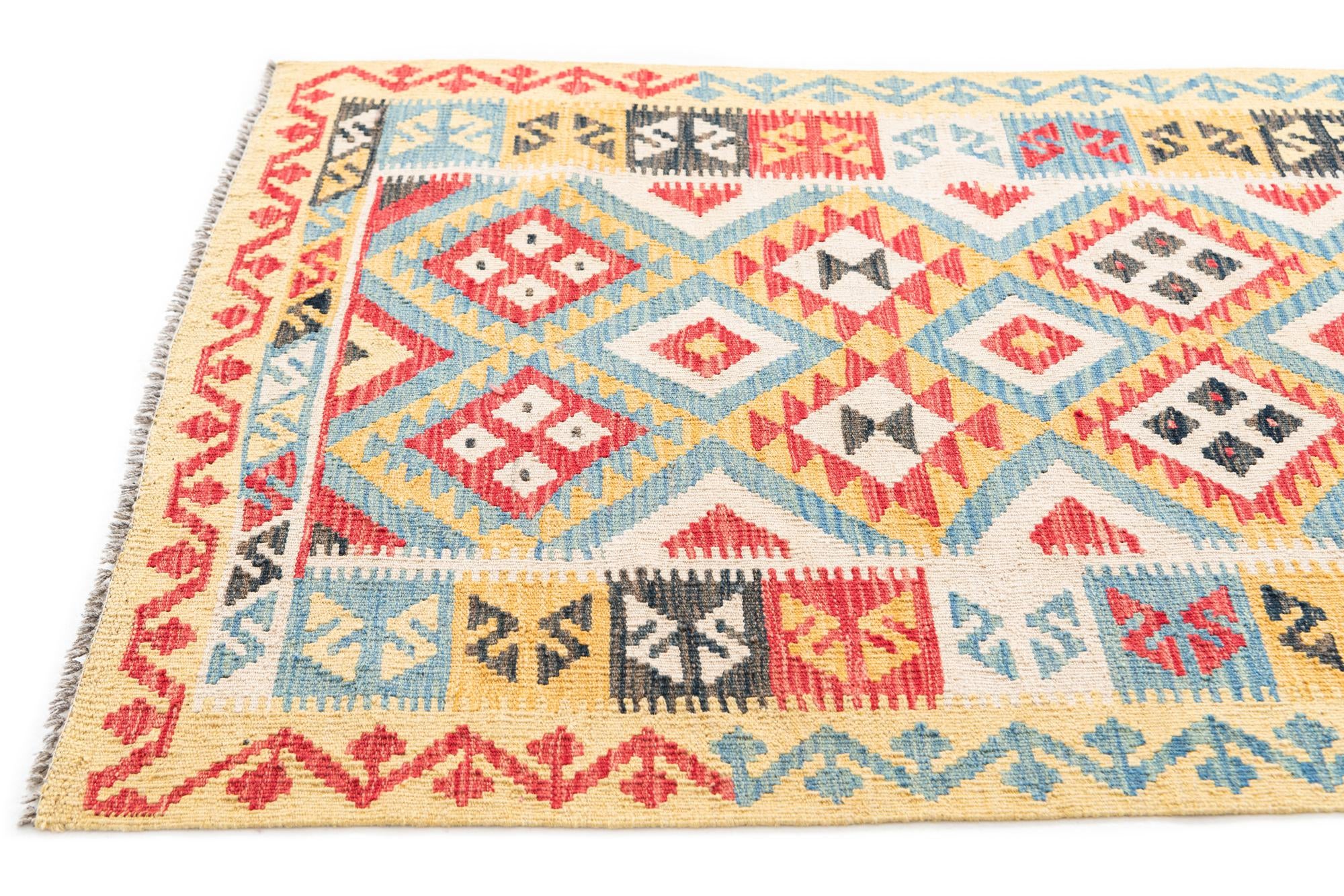 3' 5 x 6' 8 Hand Woven Kilim Maymana Wool Runner Rug