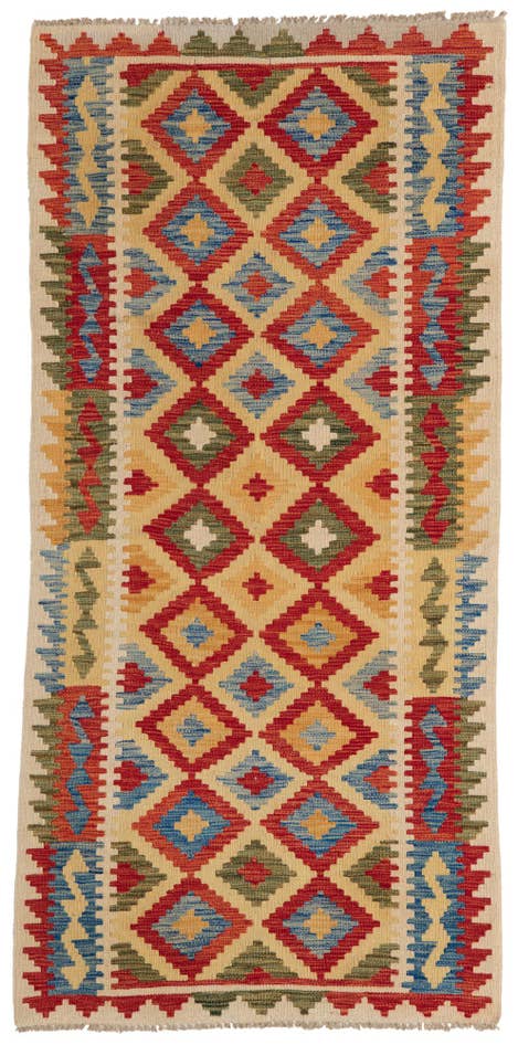 Detail image of 3' 2 x 6' 7 Hand Woven Kilim Maymana Wool Runner Rug