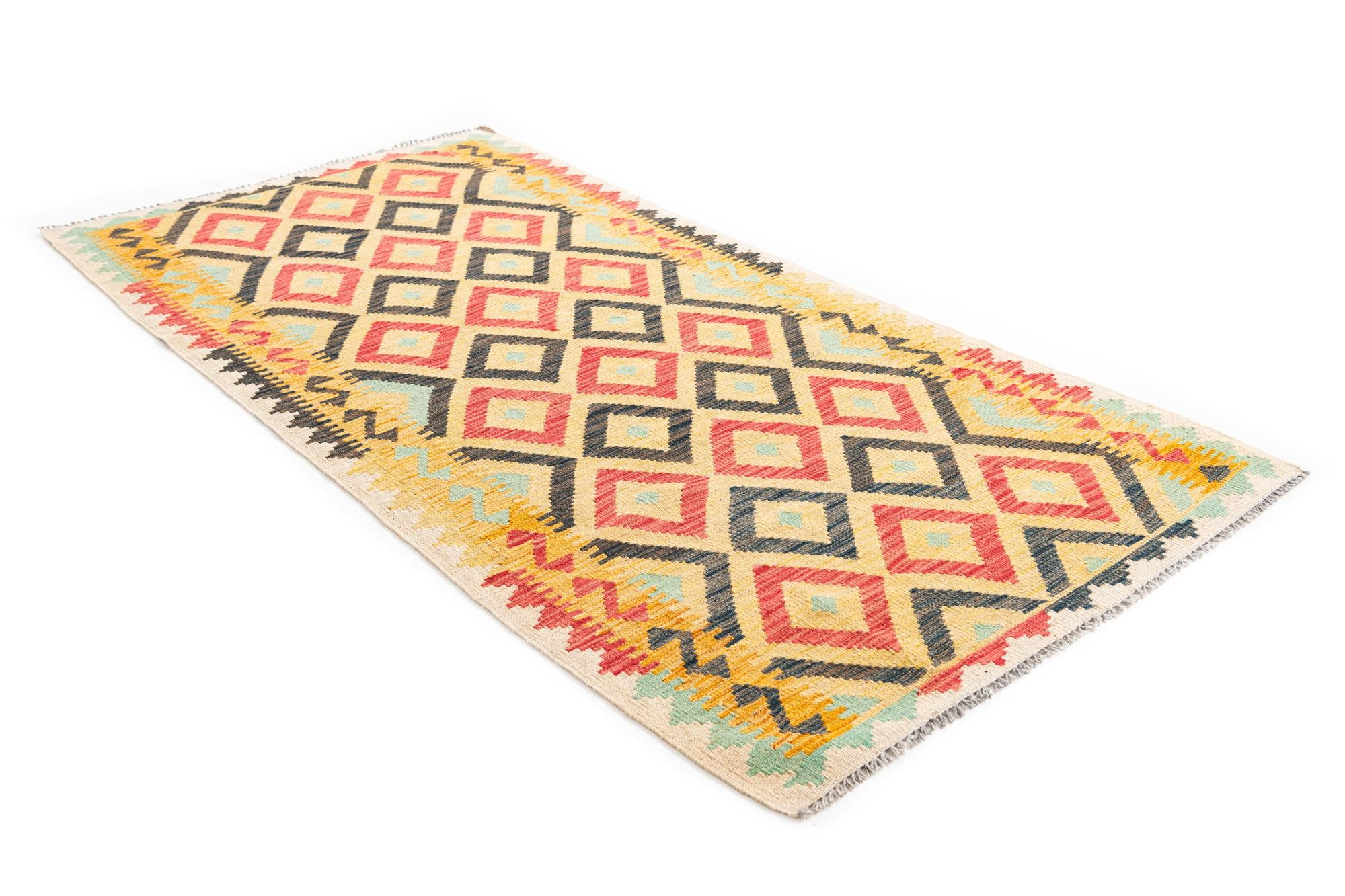 3' 5 x 6' 8 Hand Woven Kilim Maymana Wool Runner Rug