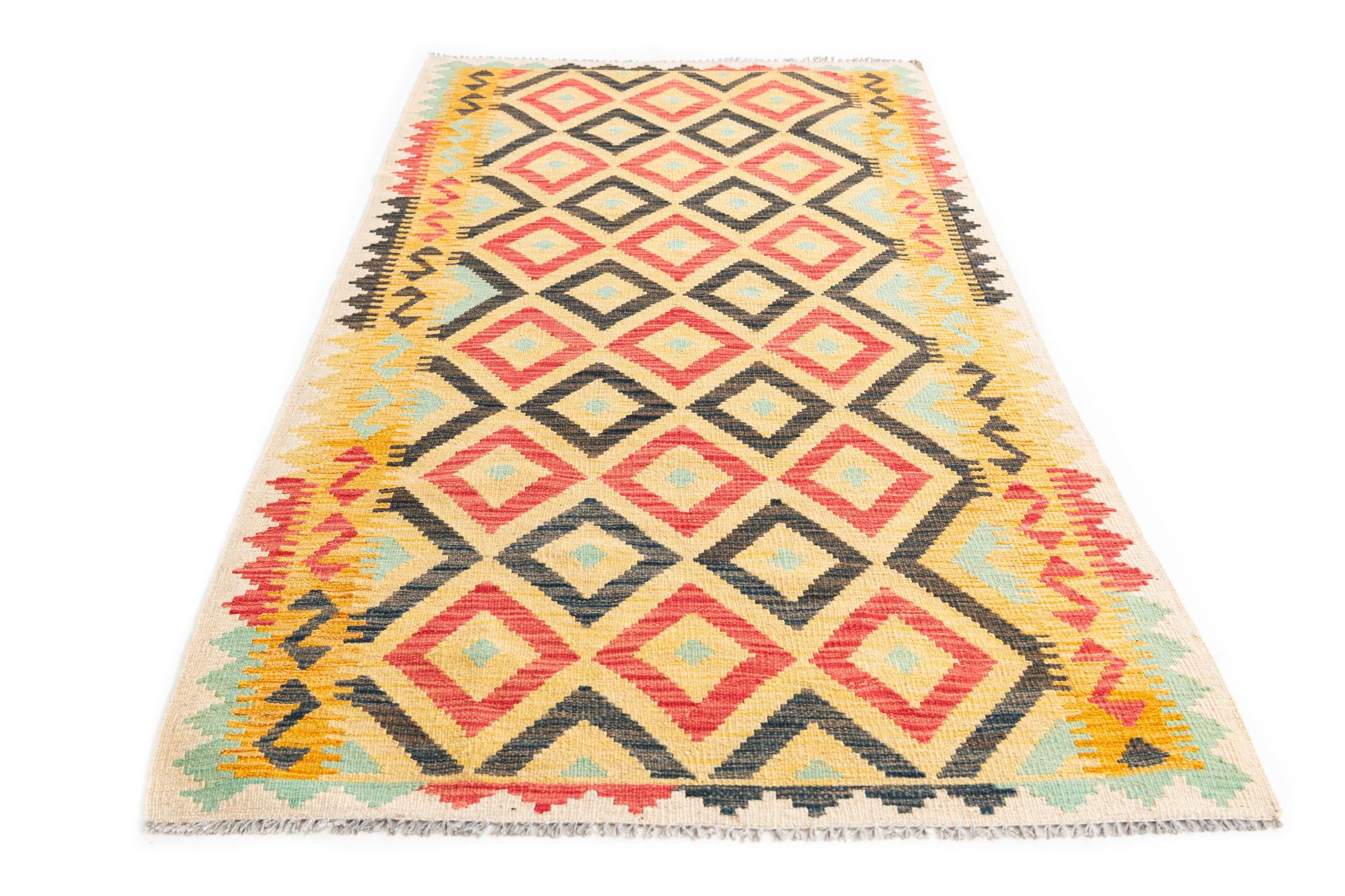 3' 5 x 6' 8 Hand Woven Kilim Maymana Wool Runner Rug