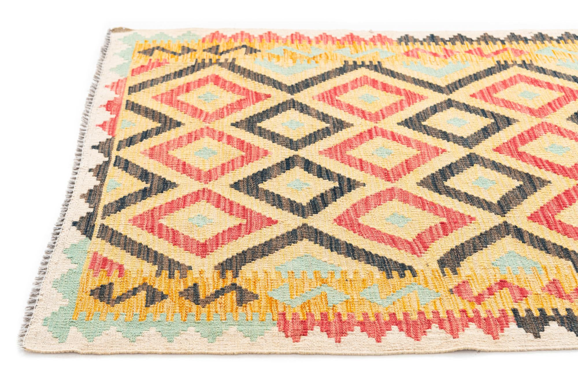 3' 5 x 6' 8 Hand Woven Kilim Maymana Wool Runner Rug