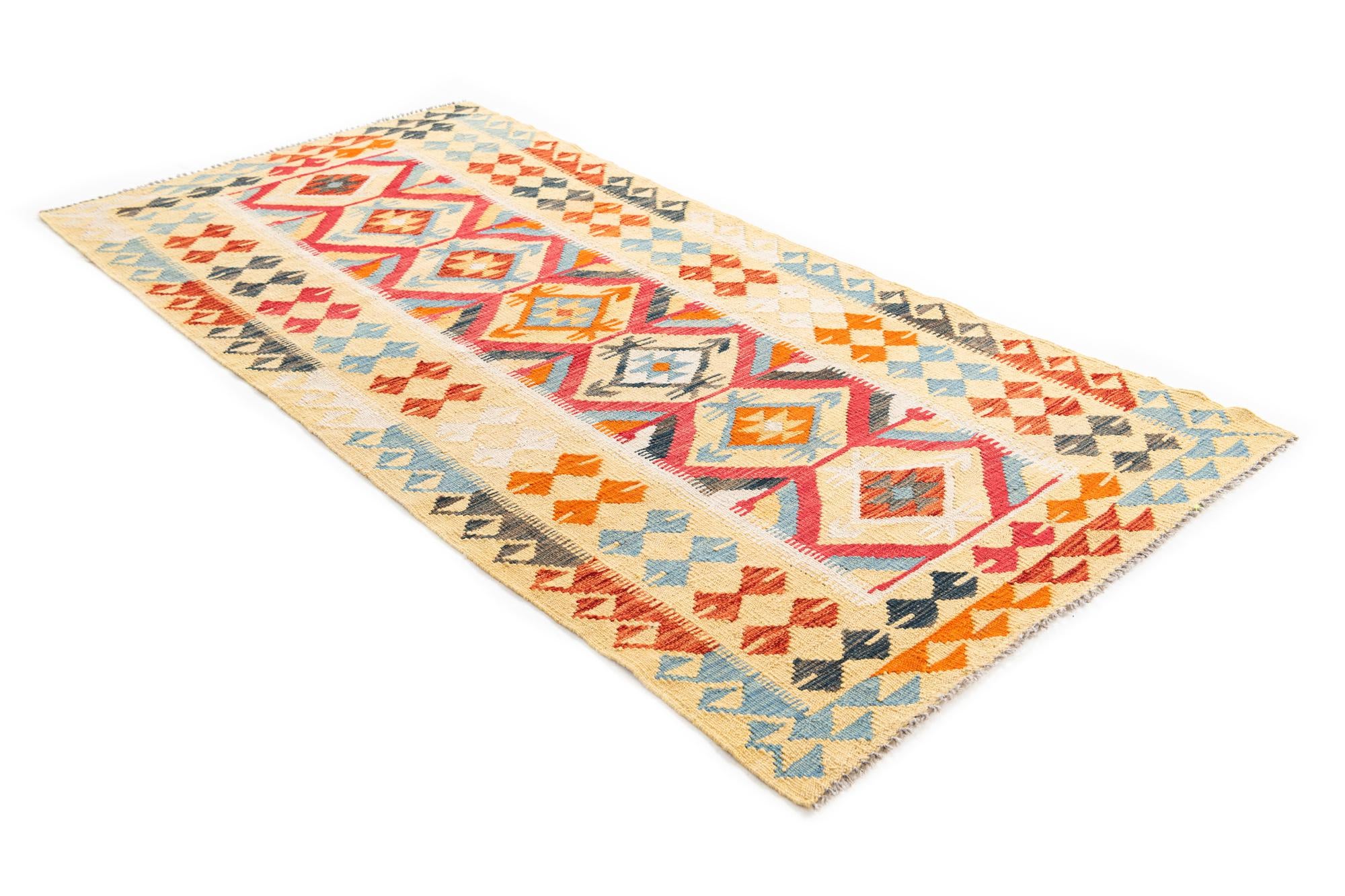 3' 4 x 6' 8 Hand Woven Kilim Maymana Wool Runner Rug