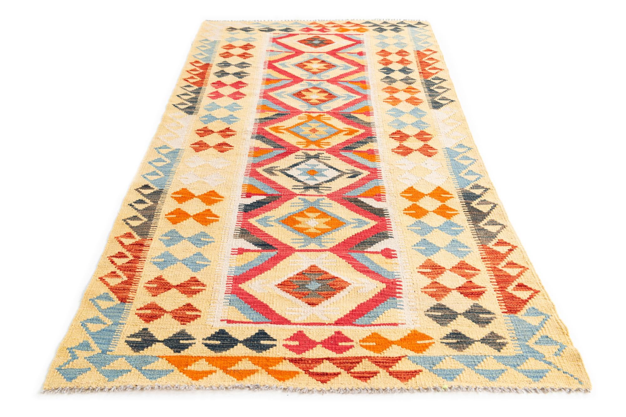 3' 4 x 6' 8 Hand Woven Kilim Maymana Wool Runner Rug