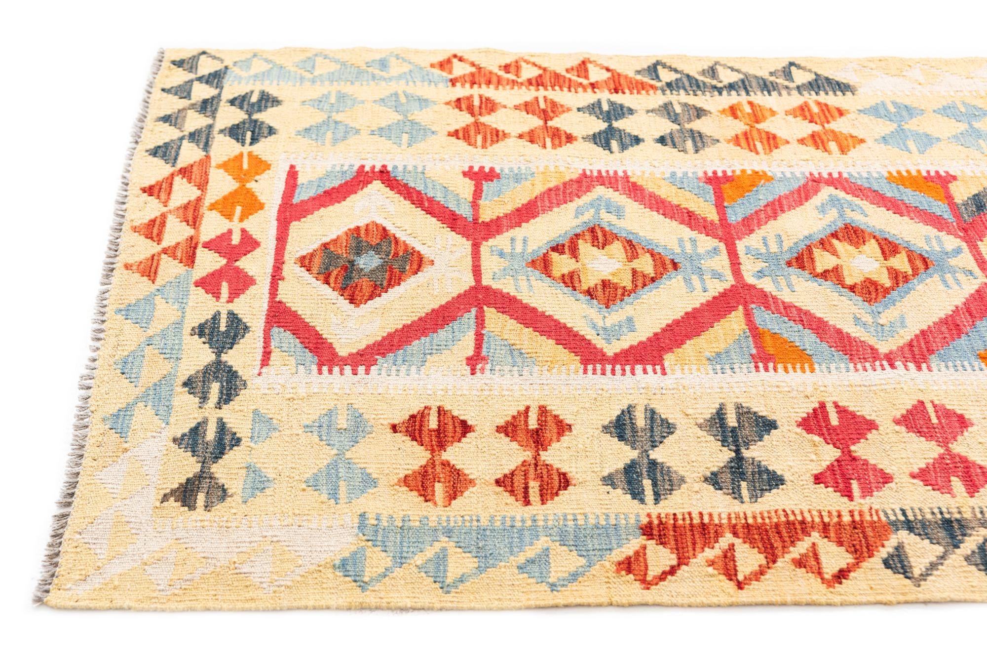 3' 4 x 6' 8 Hand Woven Kilim Maymana Wool Runner Rug