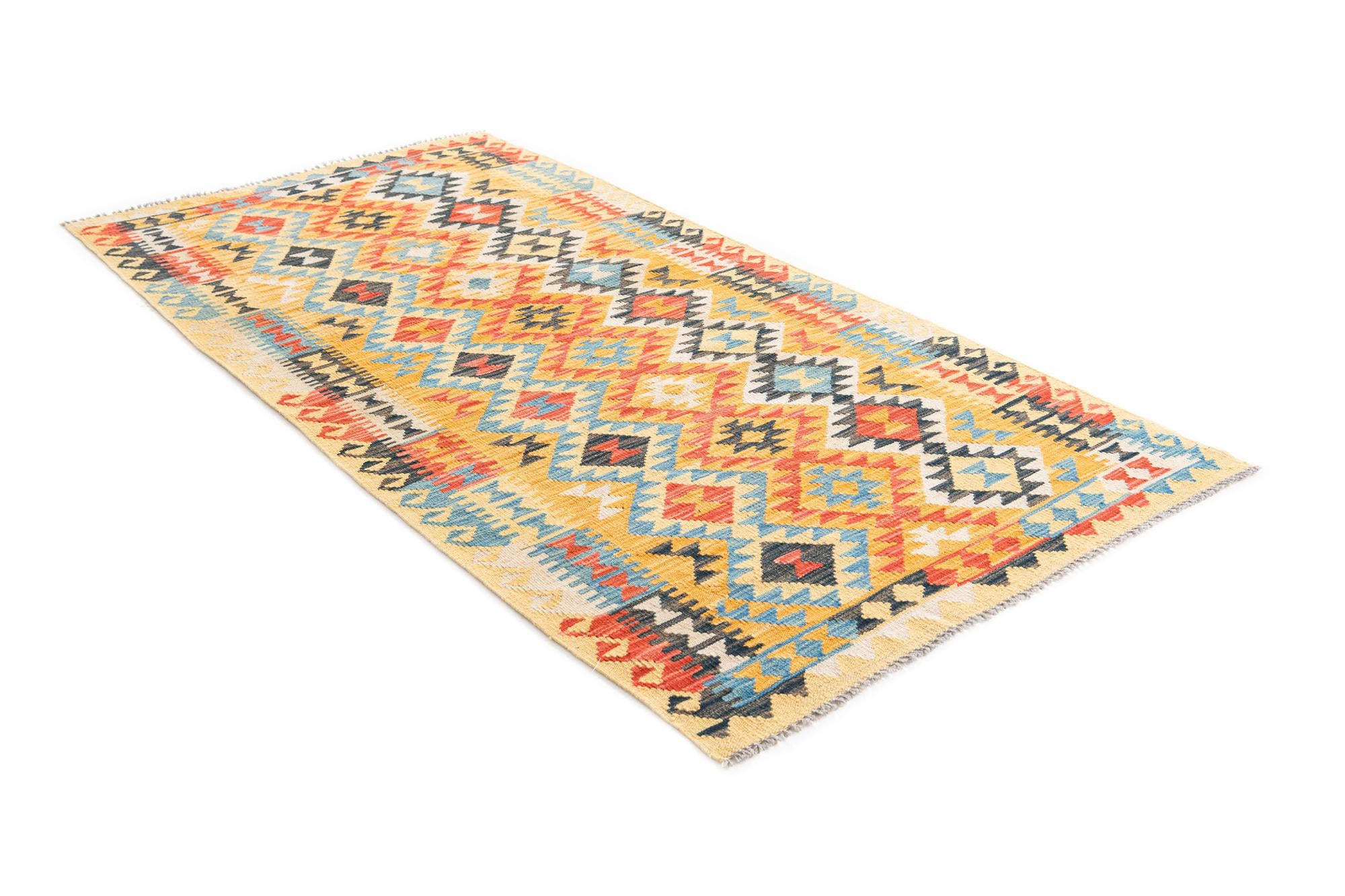 3' 5 x 6' 10 Hand Woven Kilim Maymana Wool Runner Rug