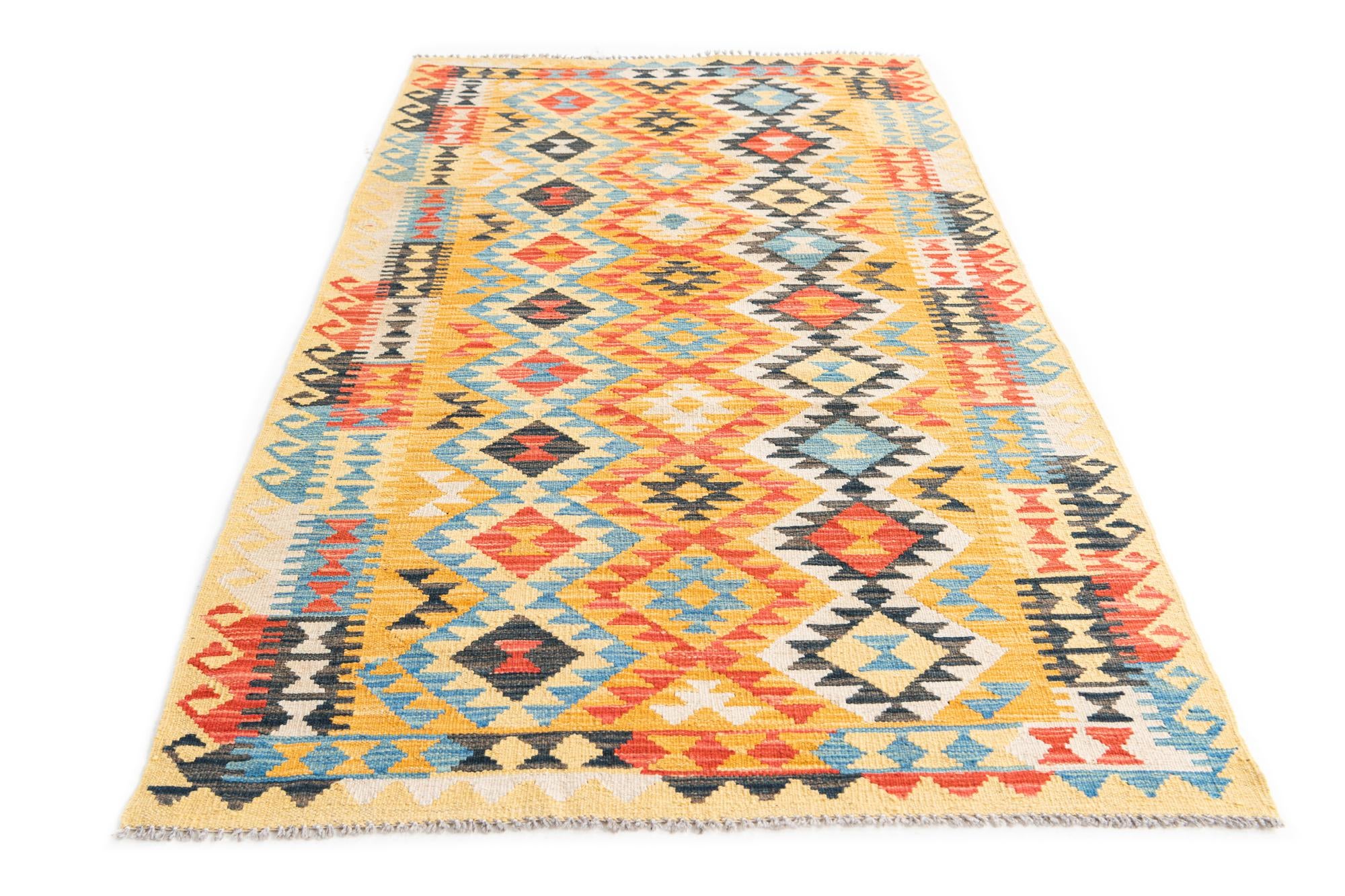 3' 5 x 6' 10 Hand Woven Kilim Maymana Wool Runner Rug