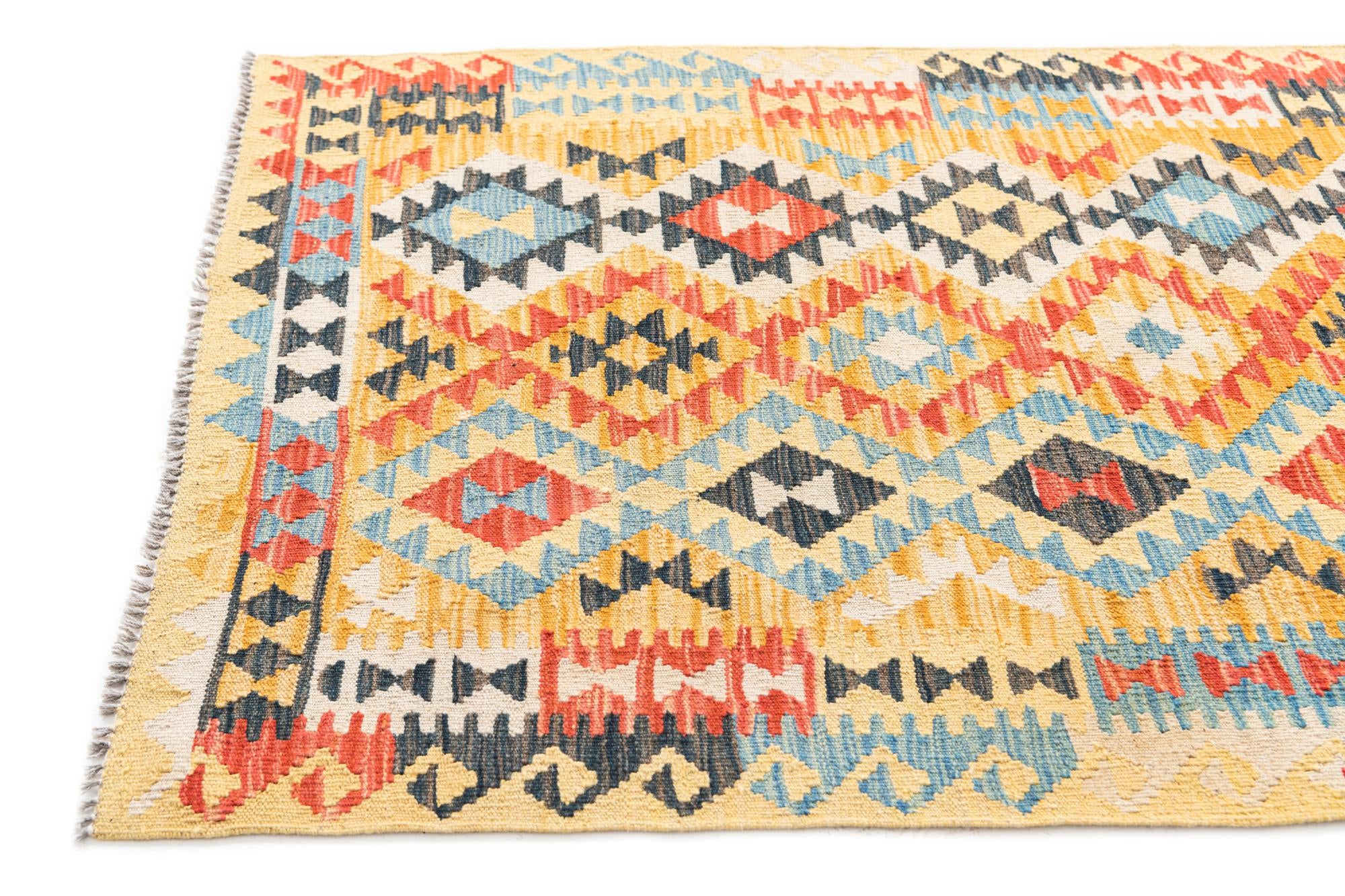 3' 5 x 6' 10 Hand Woven Kilim Maymana Wool Runner Rug