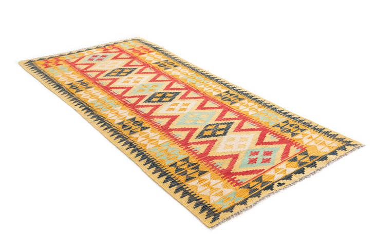 Detail image of 3' 2 x 6' 9 Hand Woven Kilim Maymana Wool Runner Rug