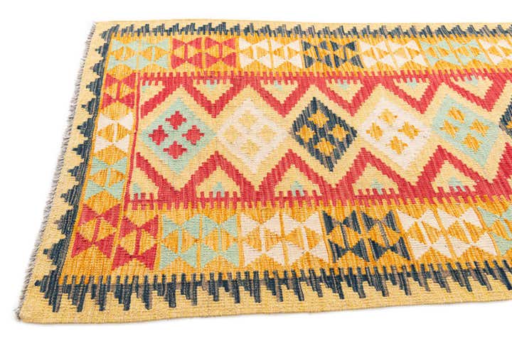 3' 2 x 6' 9 Hand Woven Kilim Maymana Wool Runner Rug