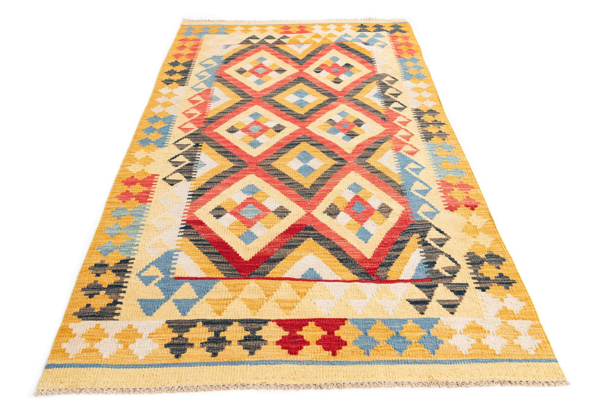 3' 5 x 6' 7 Hand Woven Kilim Maymana Wool Runner Rug
