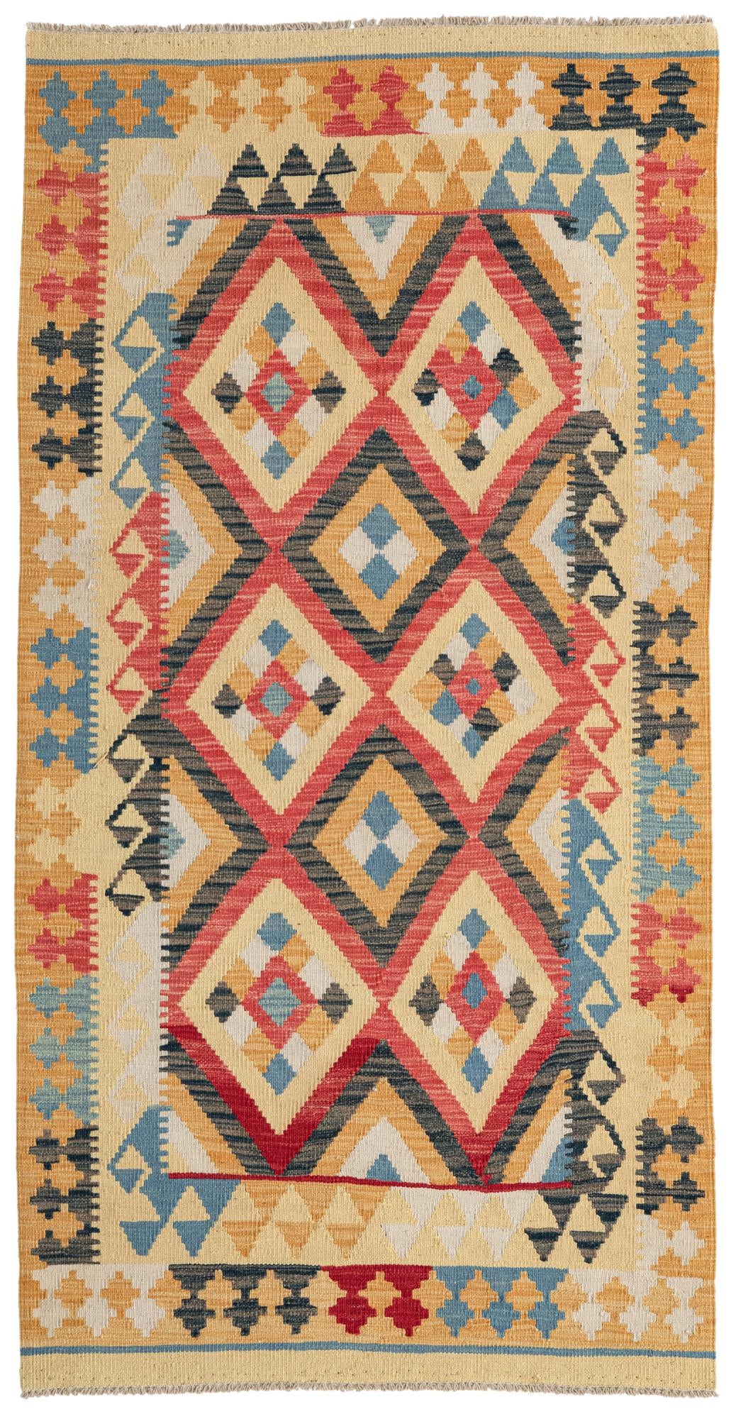 3' 5 x 6' 7 Hand Woven Kilim Maymana Wool Runner Rug