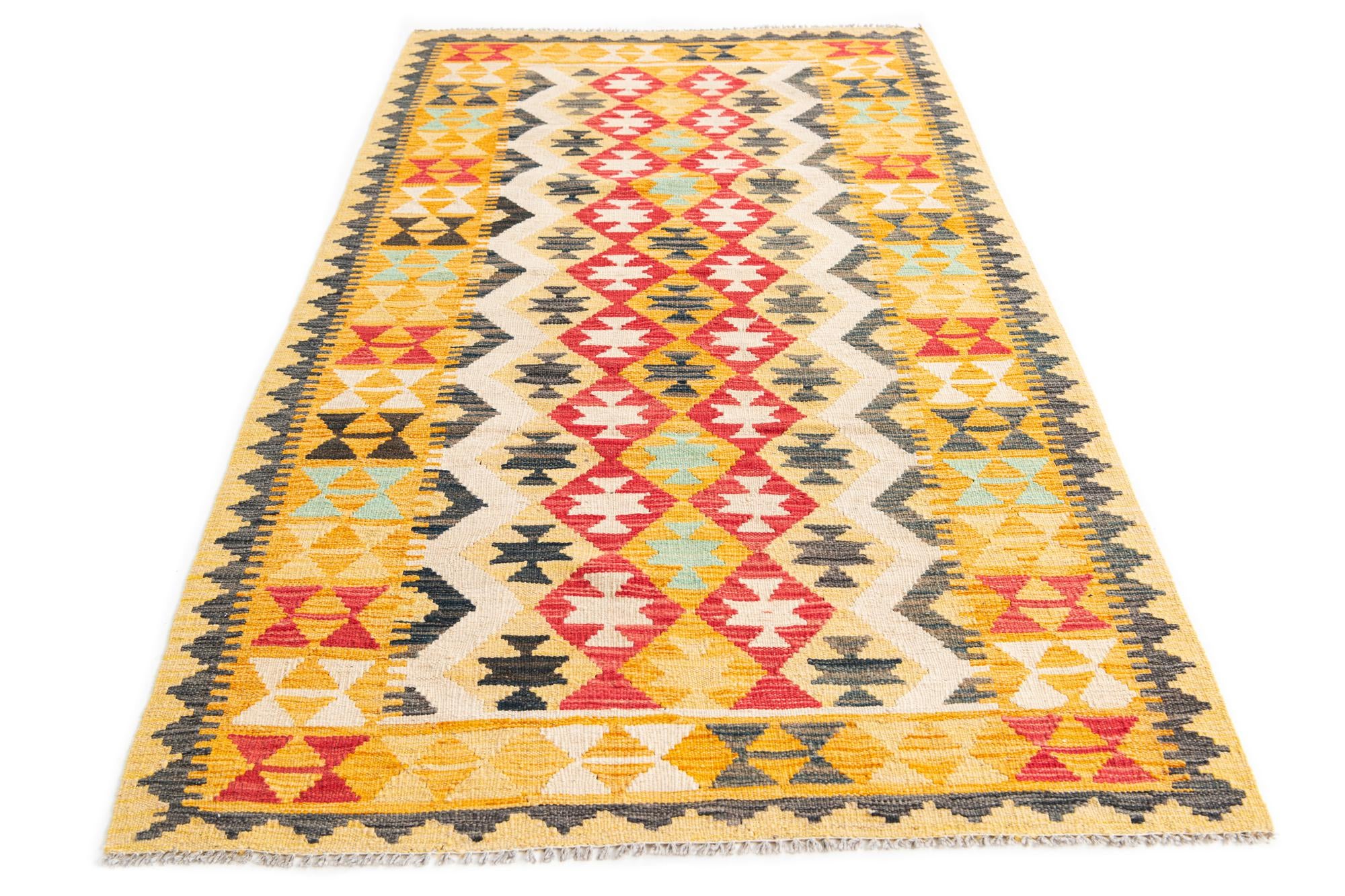 3' 5 x 6' 9 Hand Woven Kilim Maymana Wool Runner Rug
