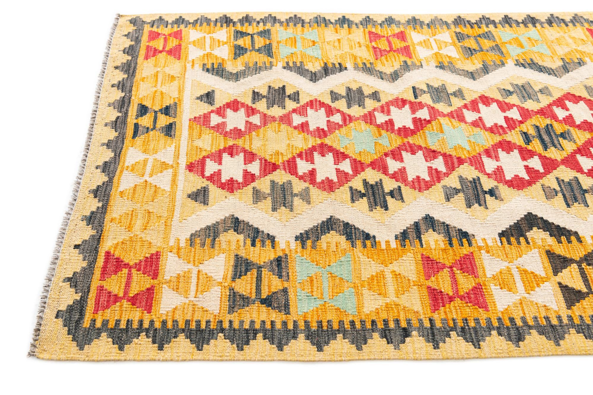 3' 5 x 6' 9 Hand Woven Kilim Maymana Wool Runner Rug