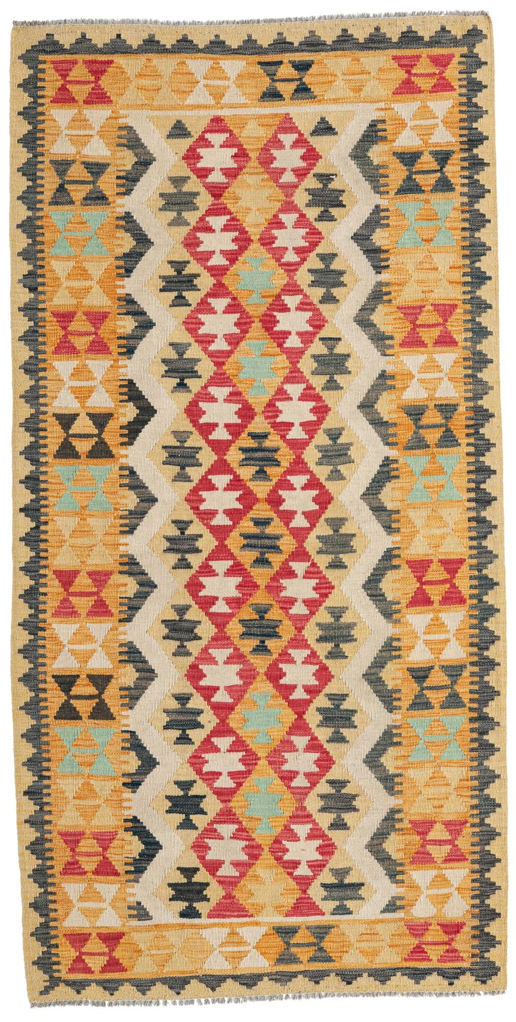 3' 5 x 6' 9 Hand Woven Kilim Maymana Wool Runner Rug
