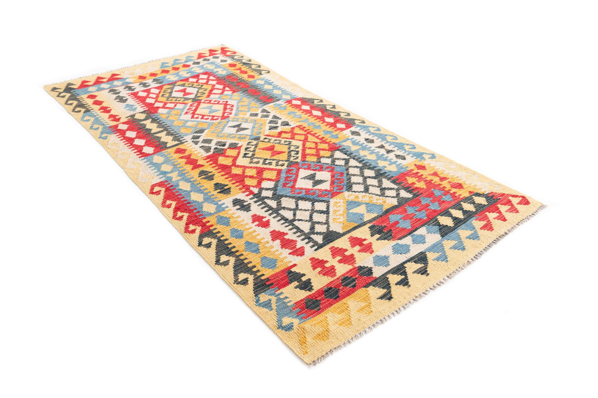 3' 4 x 6' 8 Hand Woven Kilim Maymana Wool Runner Rug