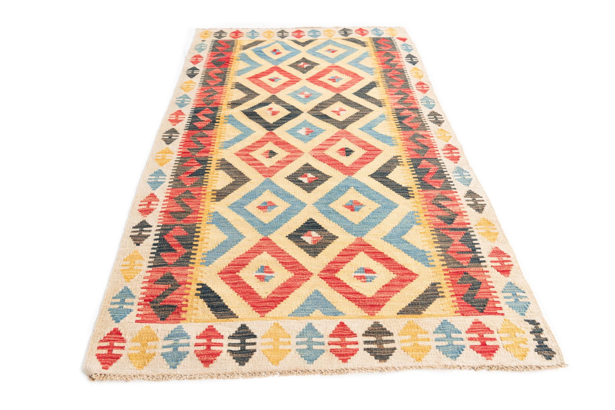 3' 4 x 6' 6 Hand Woven Kilim Maymana Wool Runner Rug