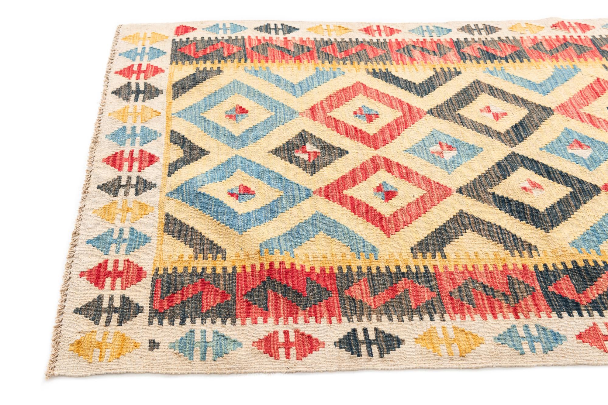 3' 4 x 6' 6 Hand Woven Kilim Maymana Wool Runner Rug